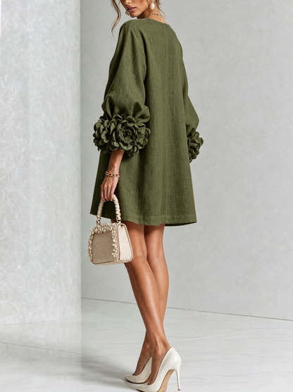 Women's Button-Front Mini Dress with Floral Cuffs and Puff Sleeves