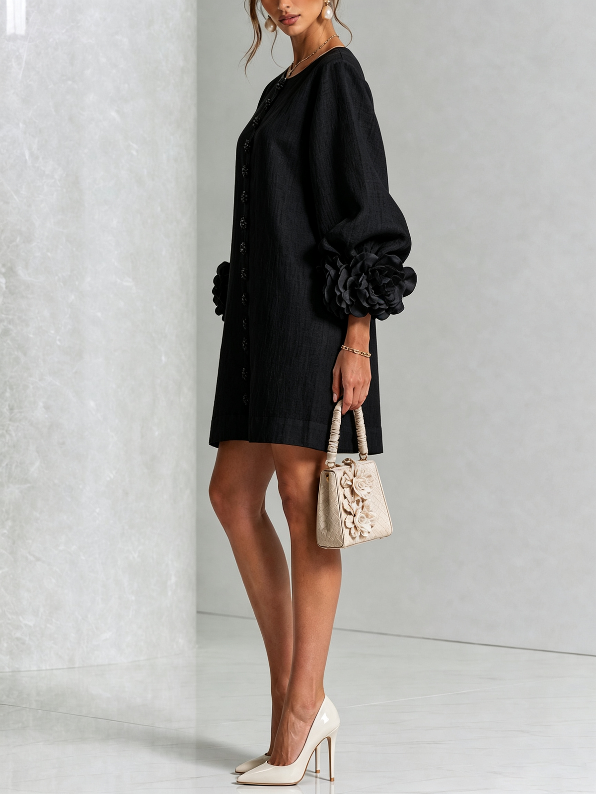 Women's Button-Front Mini Dress with Floral Cuffs and Puff Sleeves