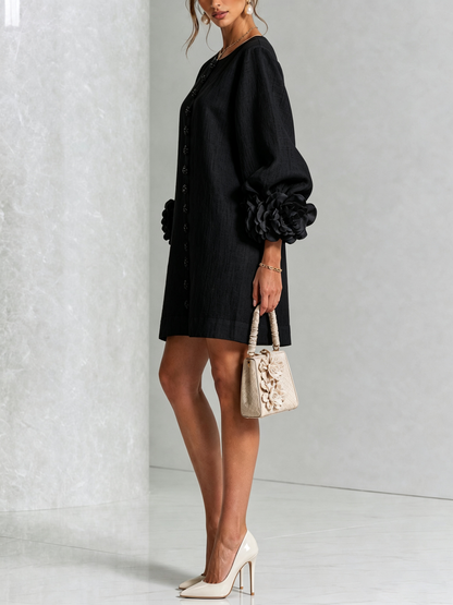 Women's Button-Front Mini Dress with Floral Cuffs and Puff Sleeves