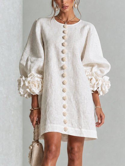 Women's Button-Front Mini Dress with Floral Cuffs and Puff Sleeves