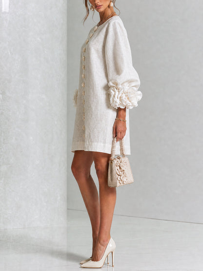 Women's Button-Front Mini Dress with Floral Cuffs and Puff Sleeves