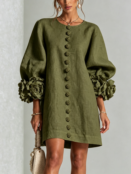 Women's Button-Front Mini Dress with Floral Cuffs and Puff Sleeves