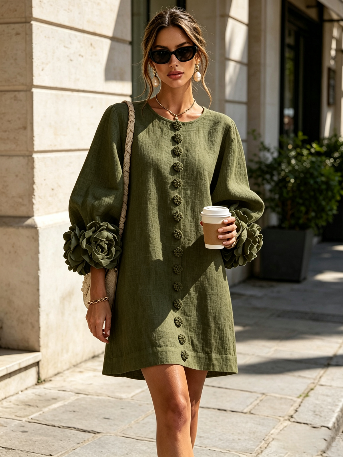 Women's Button-Front Mini Dress with Floral Cuffs and Puff Sleeves