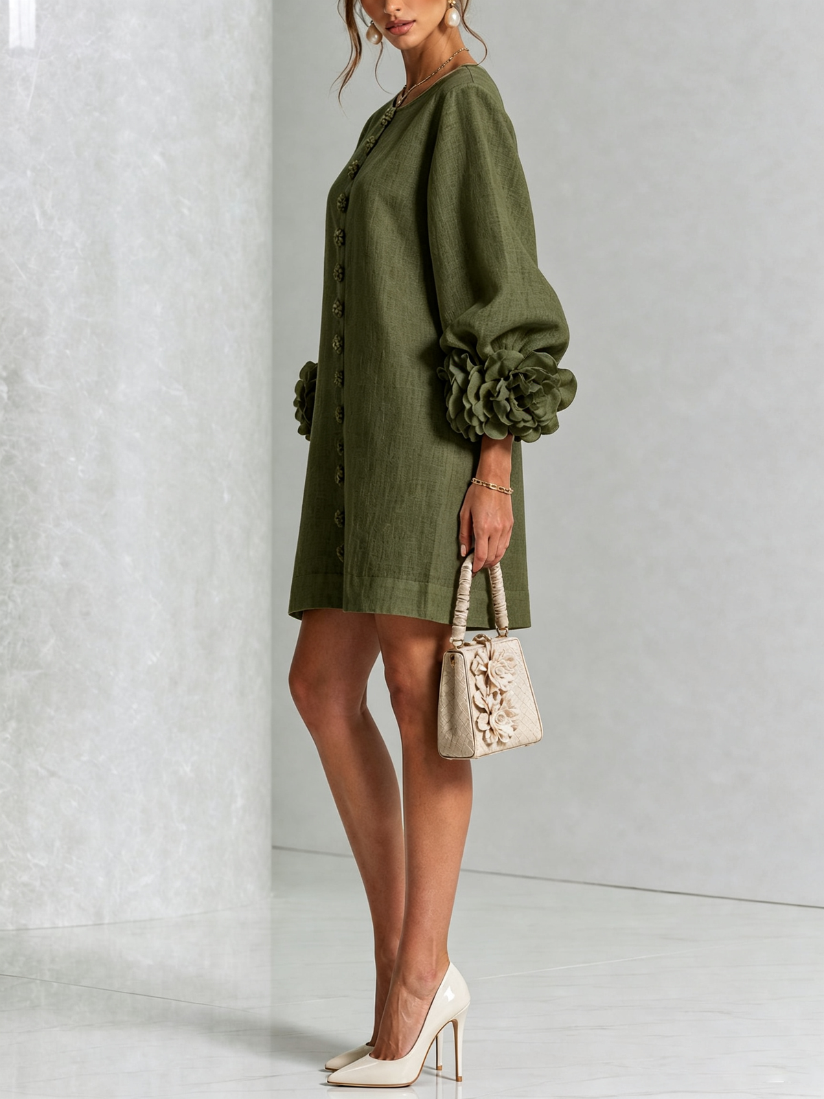 Women's Button-Front Mini Dress with Floral Cuffs and Puff Sleeves