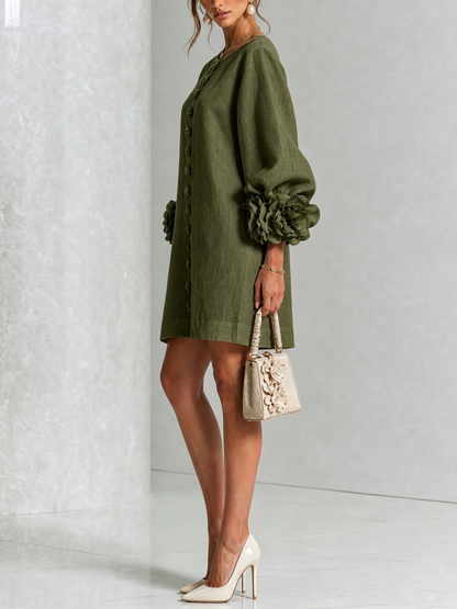 Women's Button-Front Mini Dress with Floral Cuffs and Puff Sleeves