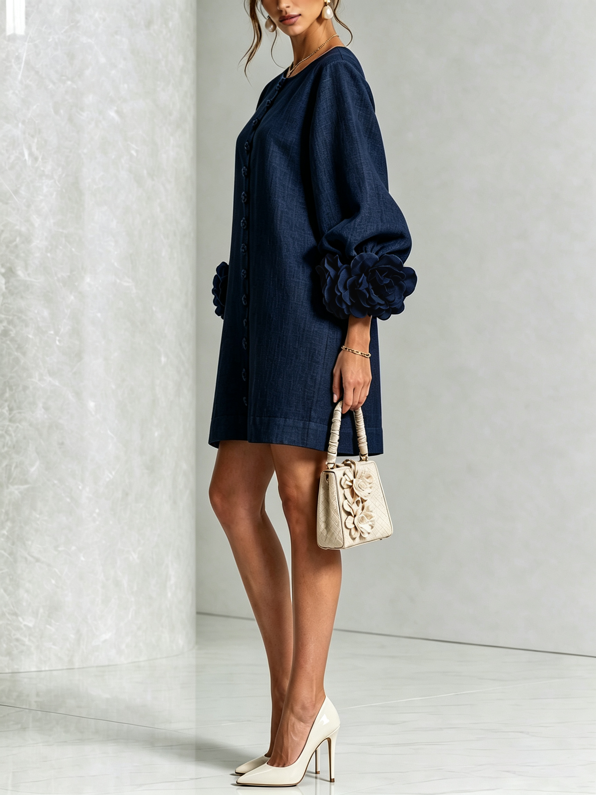 Women's Button-Front Mini Dress with Floral Cuffs and Puff Sleeves