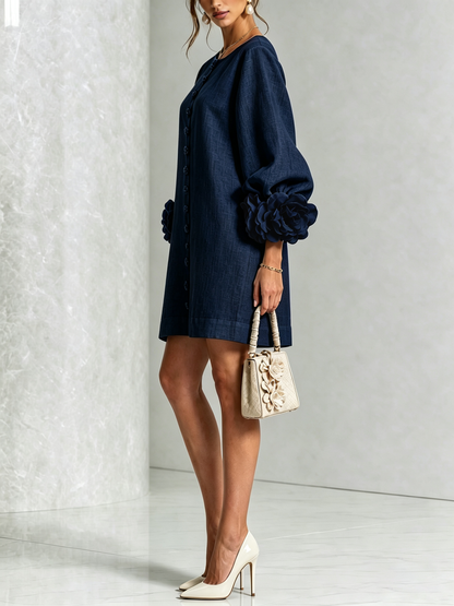 Women's Button-Front Mini Dress with Floral Cuffs and Puff Sleeves