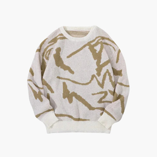 Men's Crewneck Sweater with Abstract Pattern and Ribbed Cuffs
