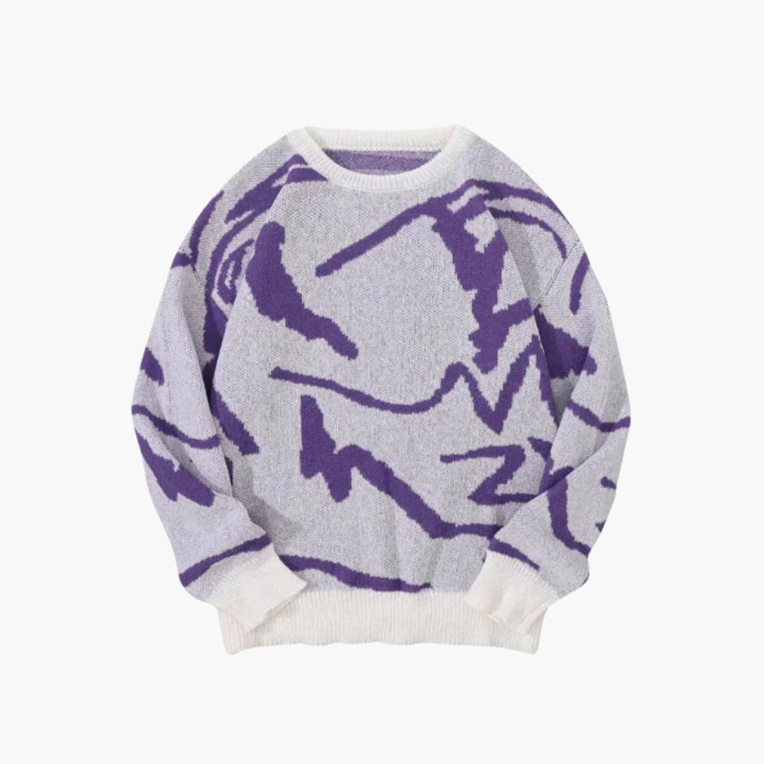 Men's Crewneck Sweater with Abstract Pattern and Ribbed Cuffs