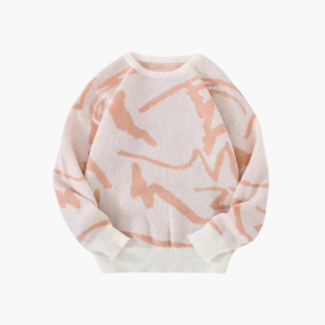 Men's Crewneck Sweater with Abstract Pattern and Ribbed Cuffs