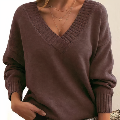 Women's V-Neck Knit Sweater with Long Sleeves and Regular Fit
