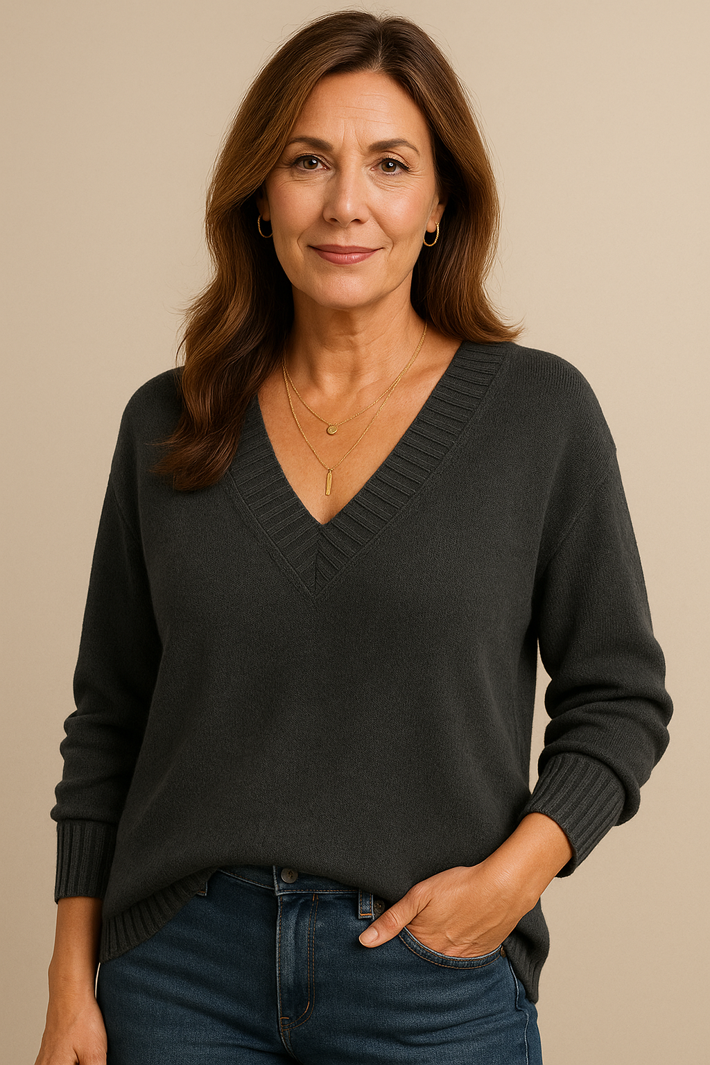 Women's V-Neck Knit Sweater with Long Sleeves and Regular Fit