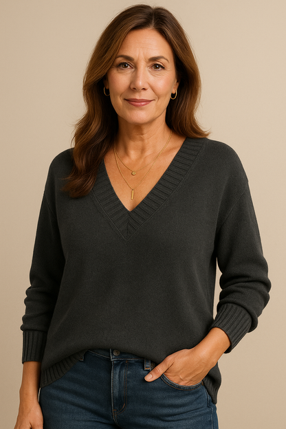 Women's V-Neck Knit Sweater with Long Sleeves and Regular Fit