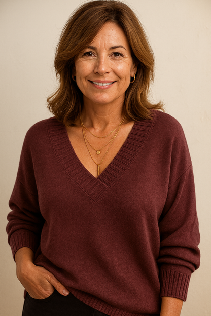 Women's V-Neck Knit Sweater with Long Sleeves and Regular Fit