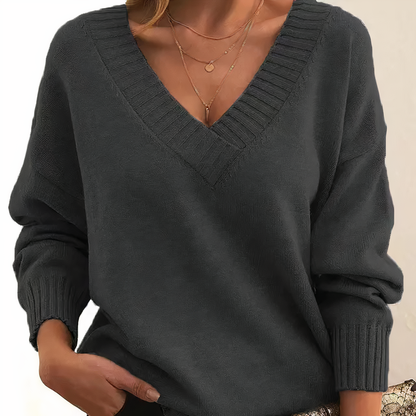 Women's V-Neck Knit Sweater with Long Sleeves and Regular Fit