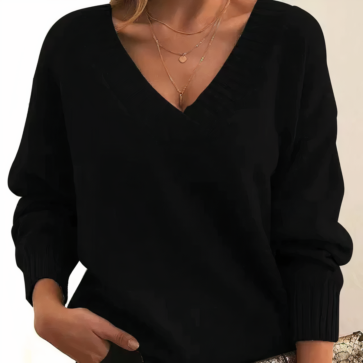 Women's V-Neck Knit Sweater with Long Sleeves and Regular Fit