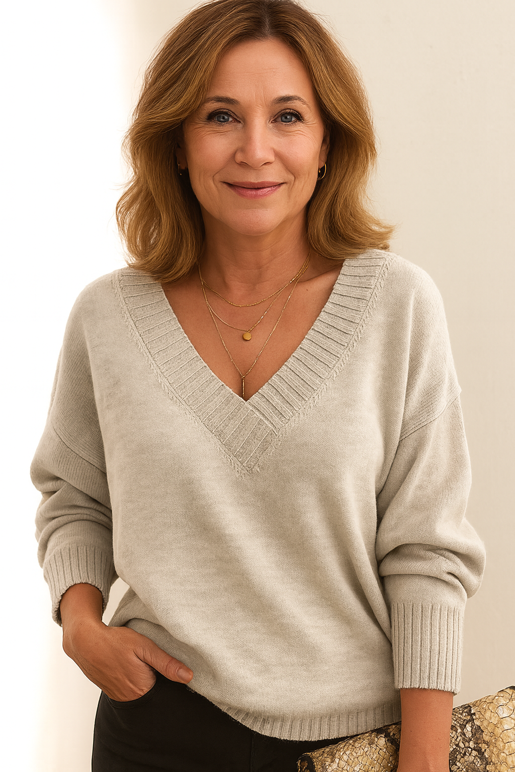 Women's V-Neck Knit Sweater with Long Sleeves and Regular Fit