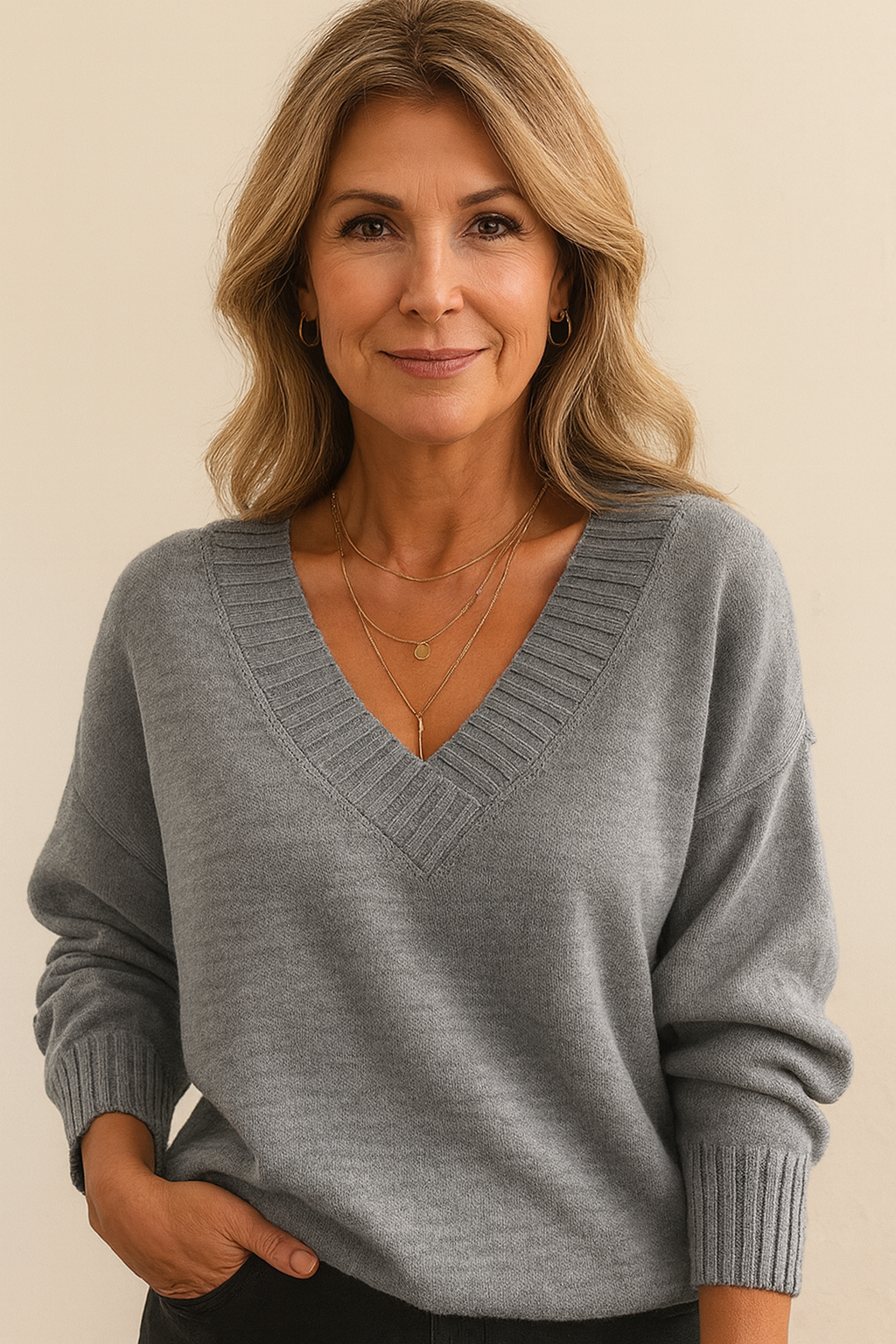 Women's V-Neck Knit Sweater with Long Sleeves and Regular Fit