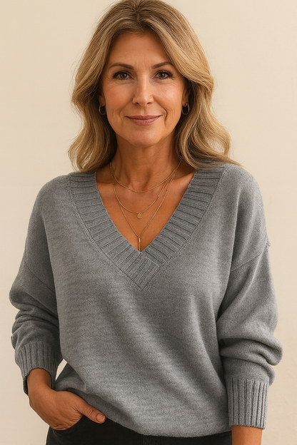 Women's V-Neck Knit Sweater with Long Sleeves and Regular Fit