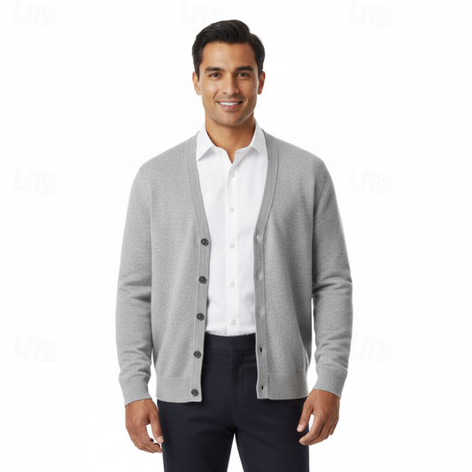 Men's V-Neck Button-Front Cardigan with Long Sleeves and Regular Fit