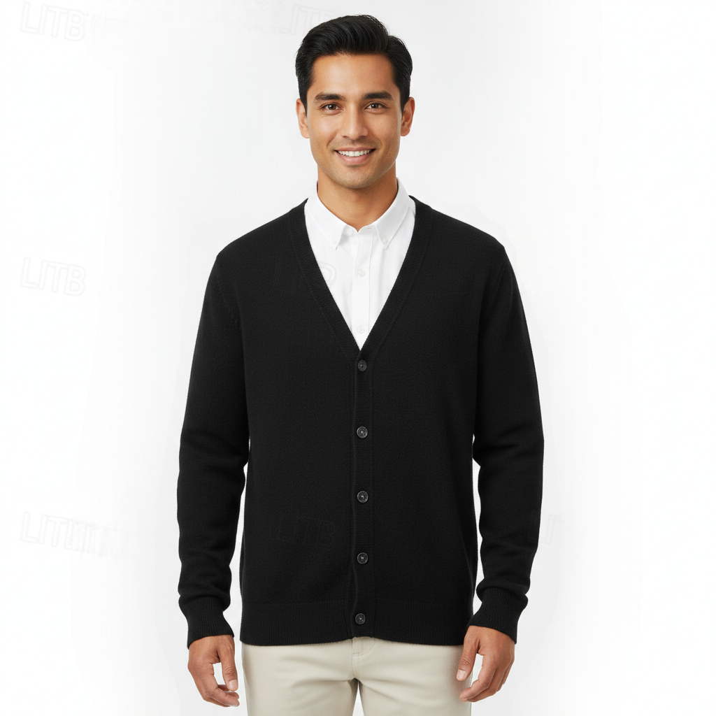 Men's V-Neck Button-Front Cardigan with Long Sleeves and Regular Fit
