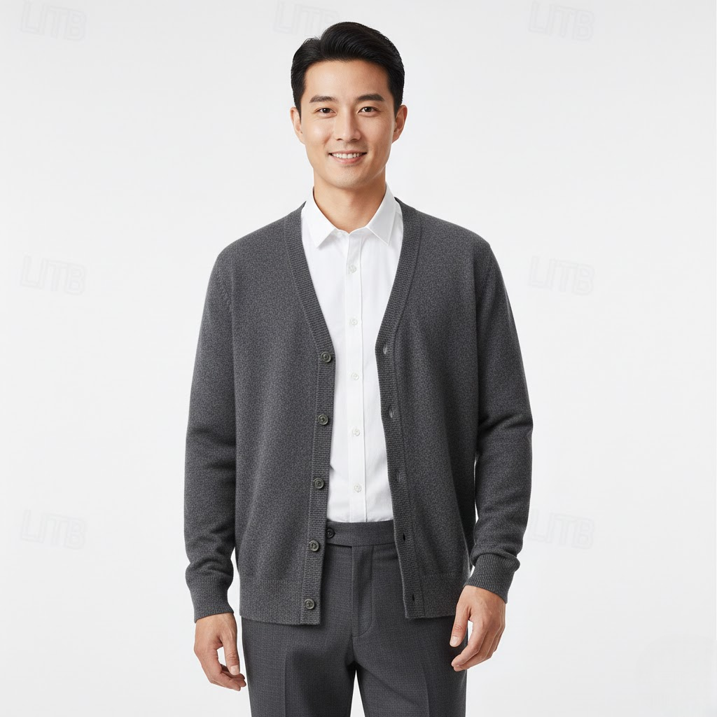 Men's V-Neck Button-Front Cardigan with Long Sleeves and Regular Fit
