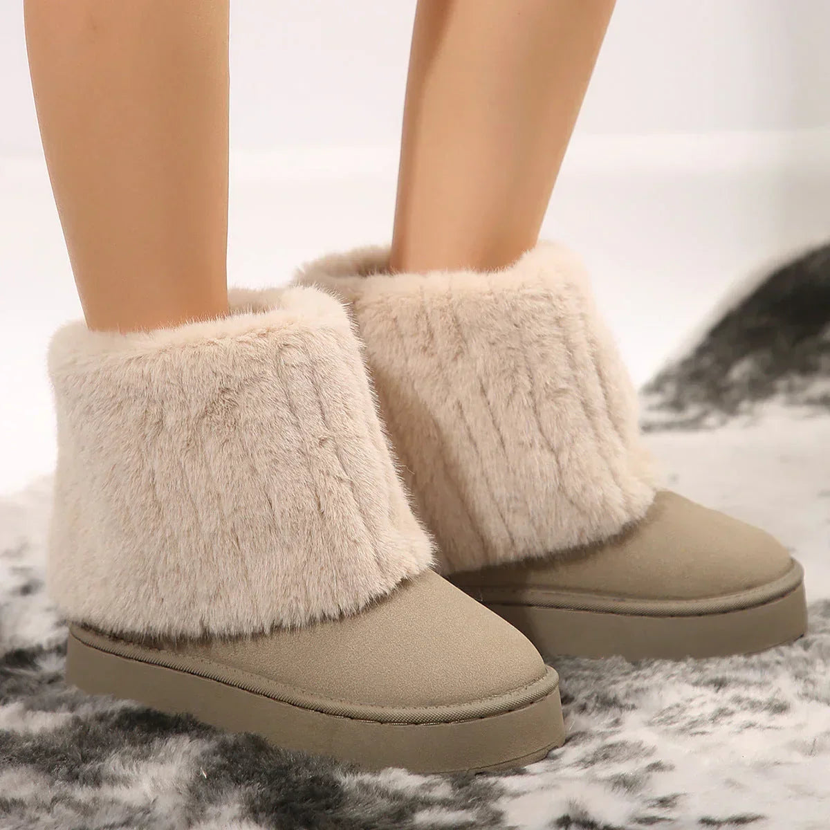 Women's Slip-On Ankle Boots with Fur-Look Cuff and Platform Sole