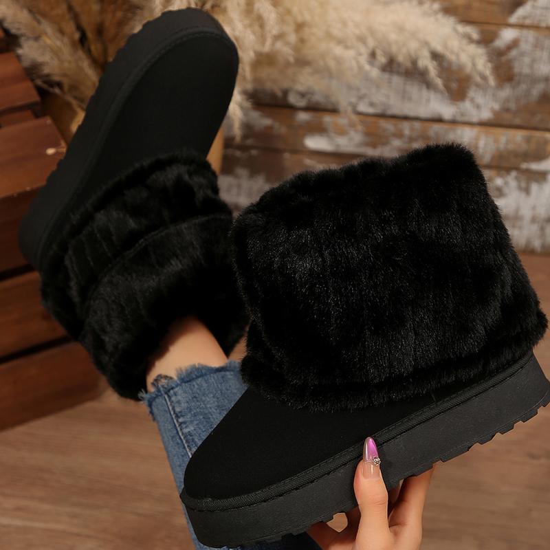 Women's Slip-On Ankle Boots with Fur-Look Cuff and Platform Sole
