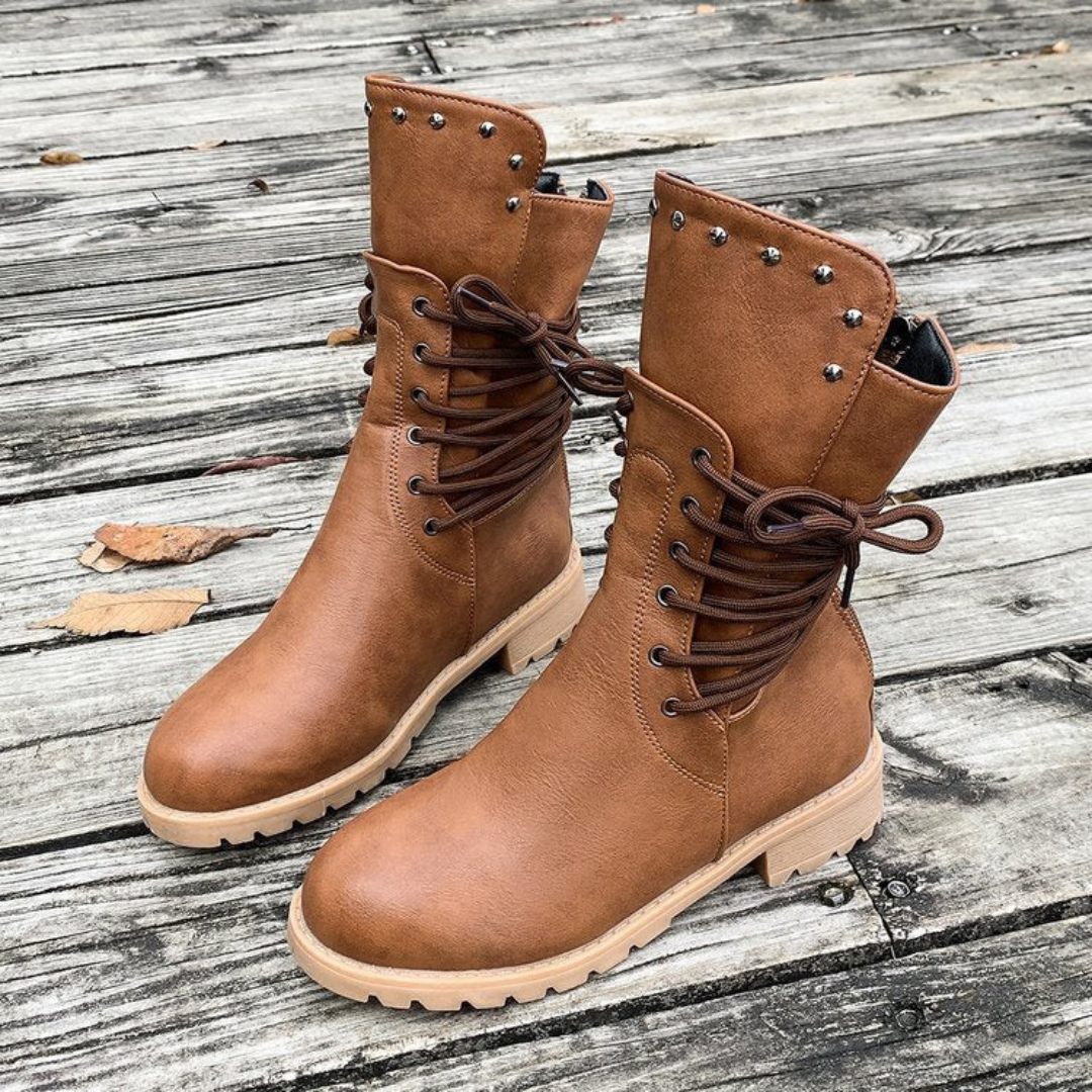 Women's Lace-Up Ankle Boots with Side Zipper and Low Heel