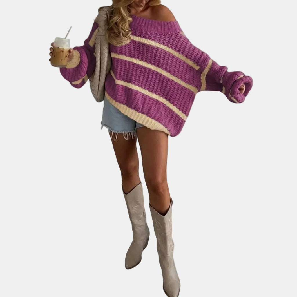 Women's Oversized Striped Knit Sweater with Wide Off-Shoulder Neckline