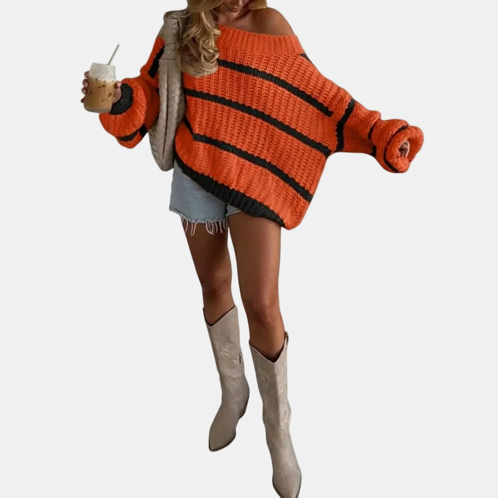 Women's Oversized Striped Knit Sweater with Wide Off-Shoulder Neckline