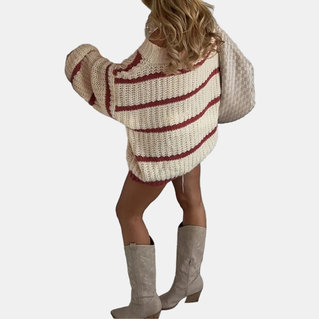 Women's Oversized Striped Knit Sweater with Wide Off-Shoulder Neckline