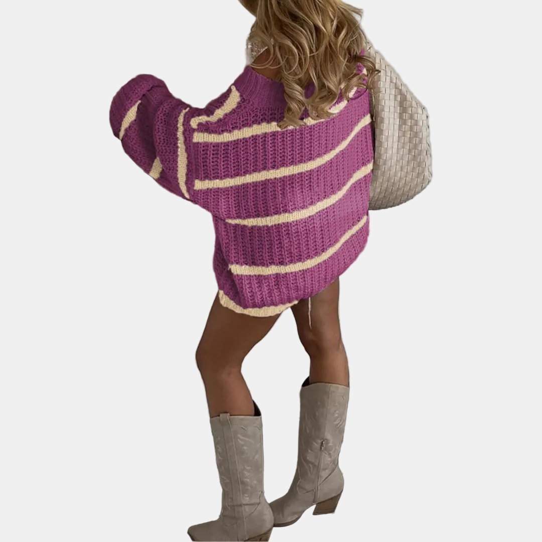 Women's Oversized Striped Knit Sweater with Wide Off-Shoulder Neckline