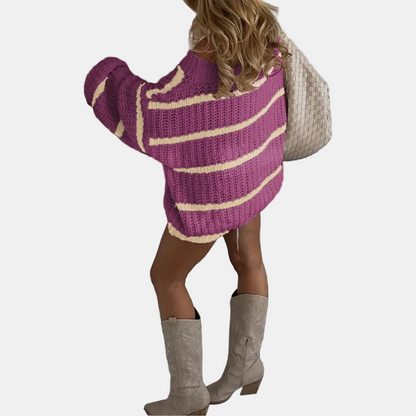 Women's Oversized Striped Knit Sweater with Wide Off-Shoulder Neckline