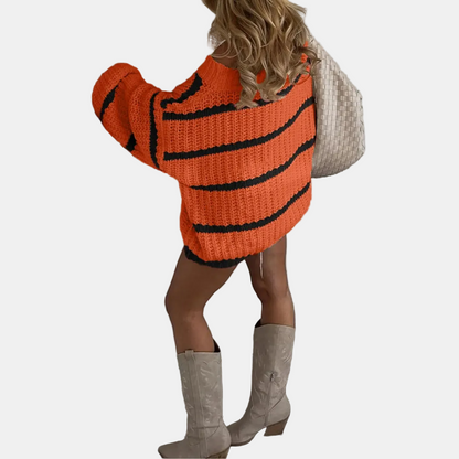 Women's Oversized Striped Knit Sweater with Wide Off-Shoulder Neckline