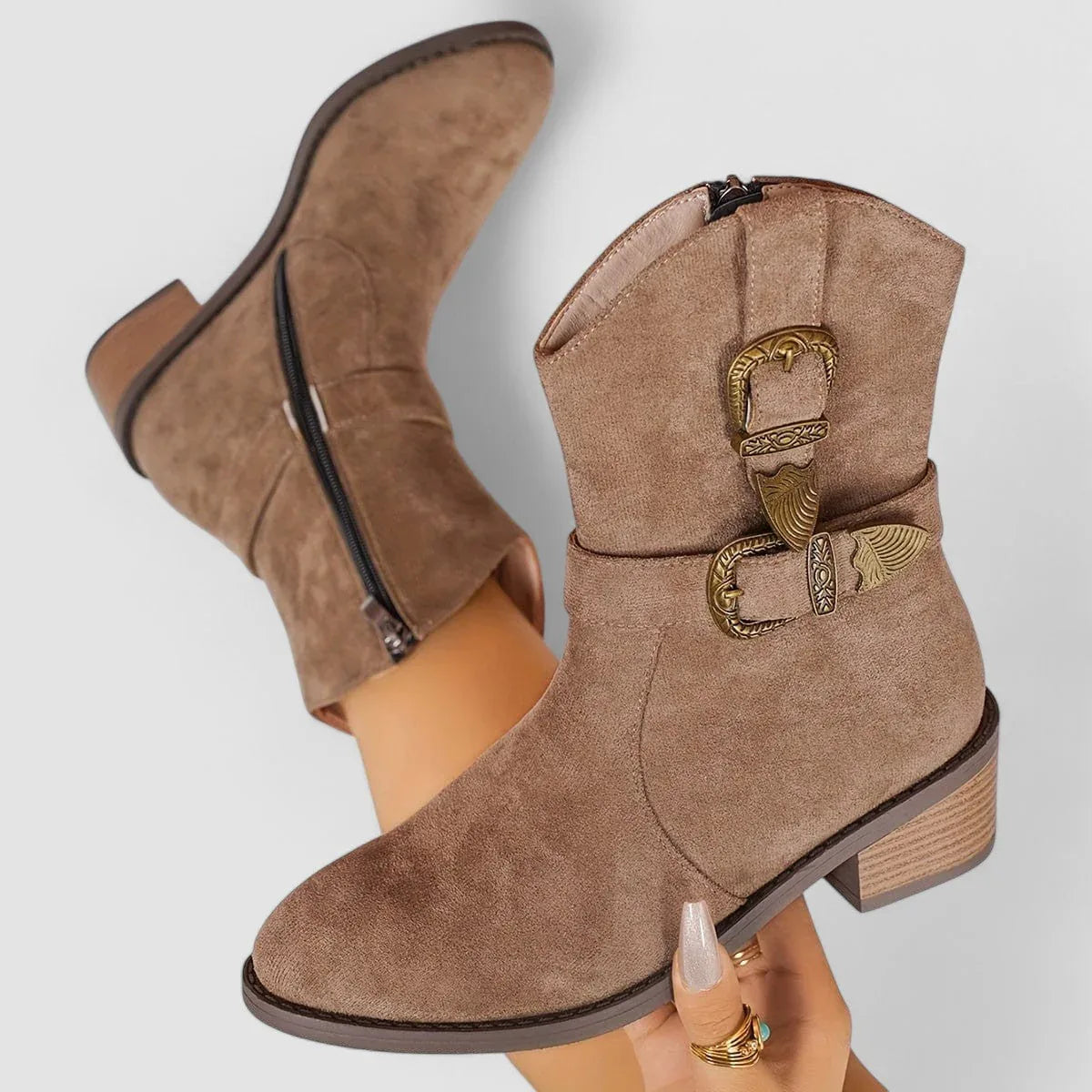 Women's Western Ankle Boots with Buckle Straps and Block Heel