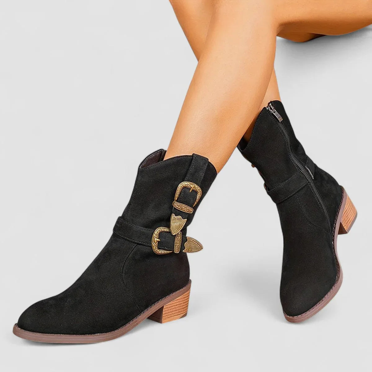 Women's Western Ankle Boots with Buckle Straps and Block Heel