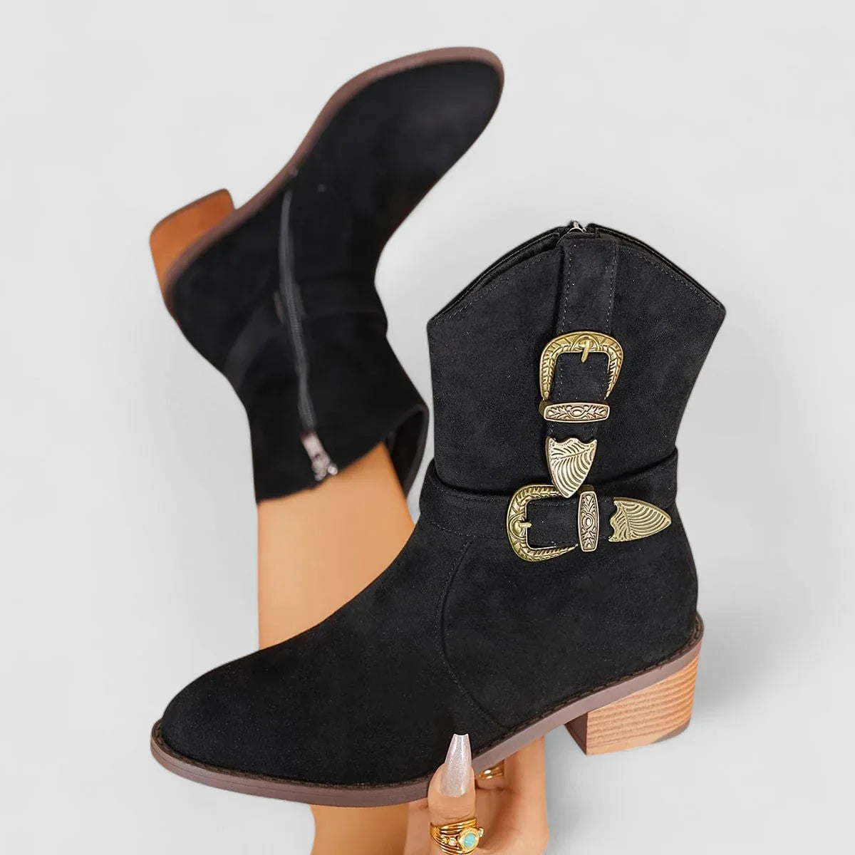 Women's Western Ankle Boots with Buckle Straps and Block Heel