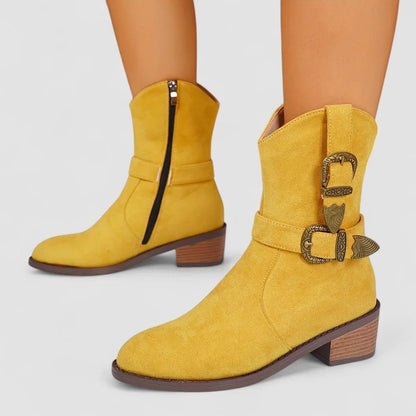 Women's Western Ankle Boots with Buckle Straps and Block Heel