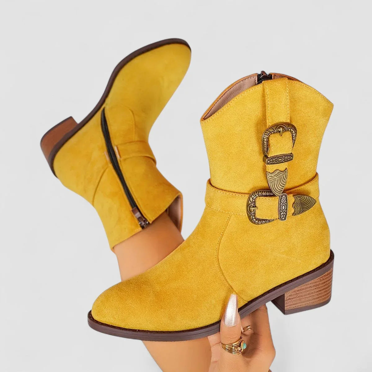 Women's Western Ankle Boots with Buckle Straps and Block Heel