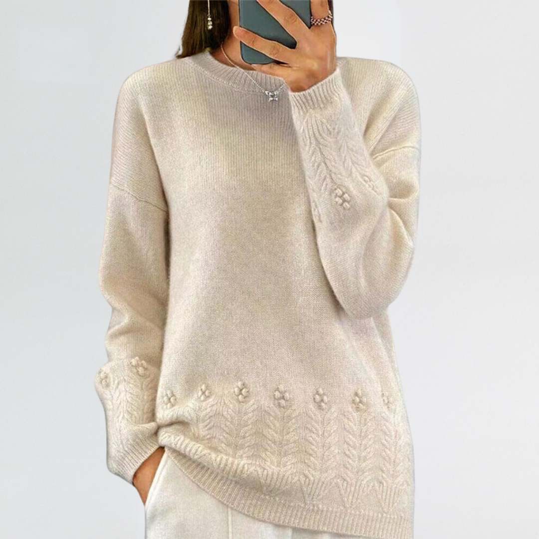 Women's Crewneck Knit Sweater with Textured Hem Details and Long Sleeves