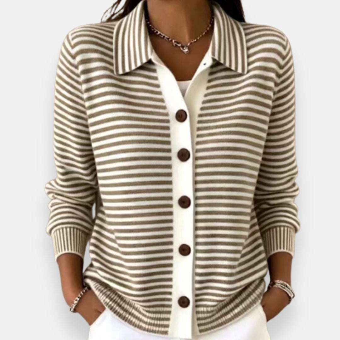 Women's Striped Button-Front Cardigan with Collar and Ribbed Edges
