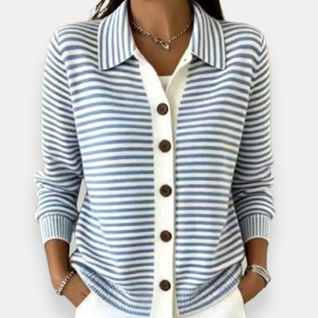 Women's Striped Button-Front Cardigan with Collar and Ribbed Edges