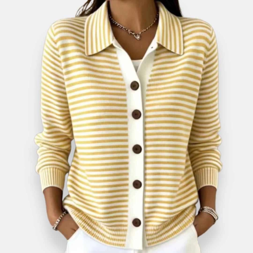 Women's Striped Button-Front Cardigan with Collar and Ribbed Edges