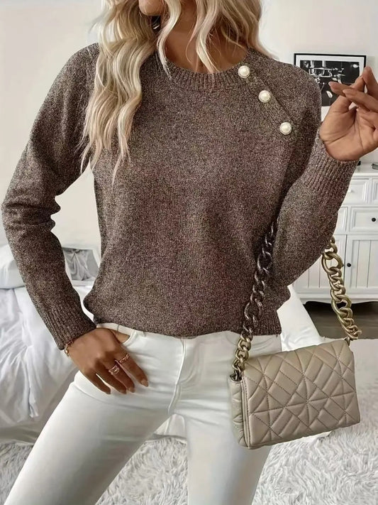 Women's Knit Sweater with Pearl-Look Shoulder Buttons and Relaxed Fit