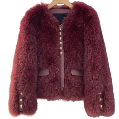 Women's Fur-Look Panel Jacket with V-Neck and Decorative Buttons