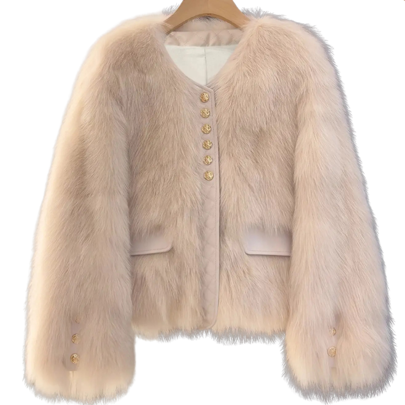 Women's Fur-Look Panel Jacket with V-Neck and Decorative Buttons