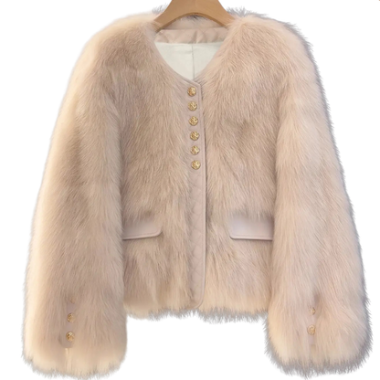 Women's Fur-Look Panel Jacket with V-Neck and Decorative Buttons