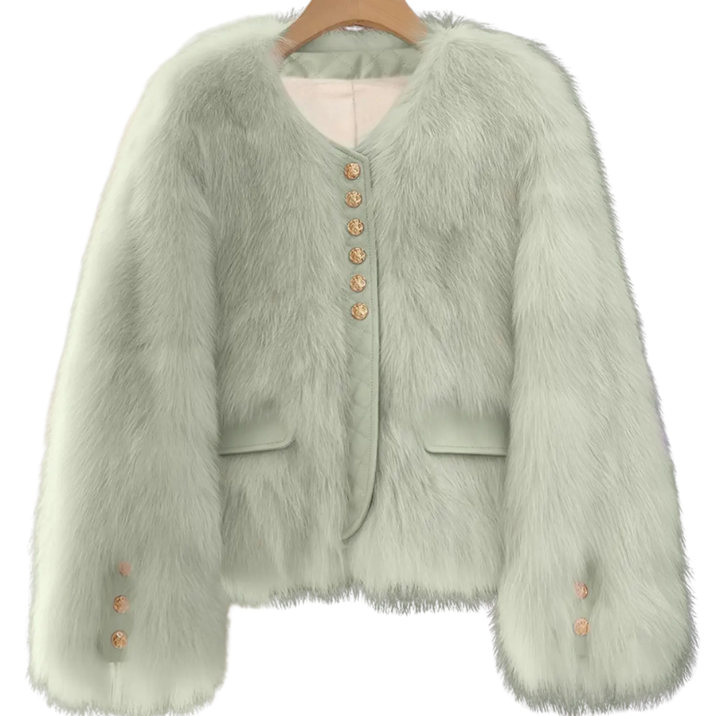 Women's Fur-Look Panel Jacket with V-Neck and Decorative Buttons