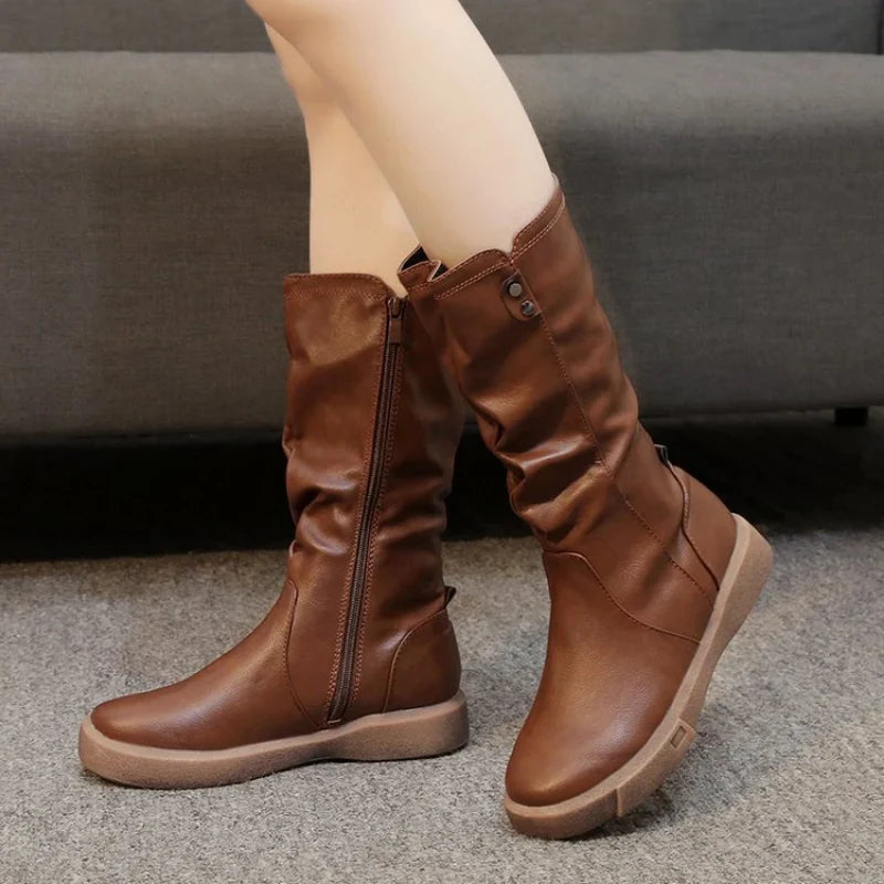 Women's Slouchy Mid-Calf Boots with Side Zipper and Low Heel